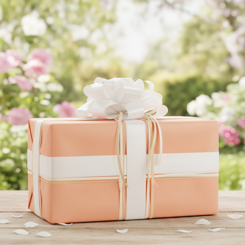 Peach wrapping paper with white ribbon & bow for elegant gift wrapping occasions like wedding, birthday, or baby shower.