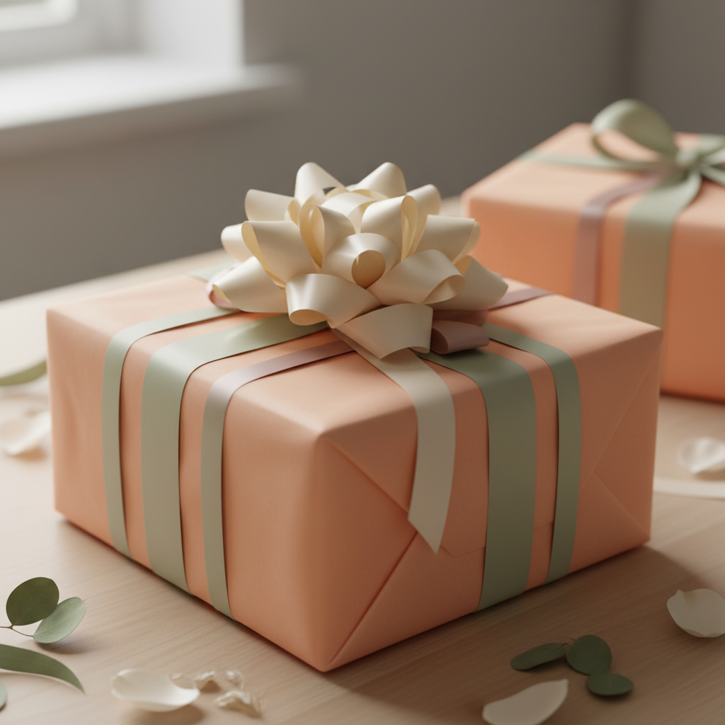 Elegant peach wrapping paper with ribbon for birthday, wedding, or baby shower gifts.