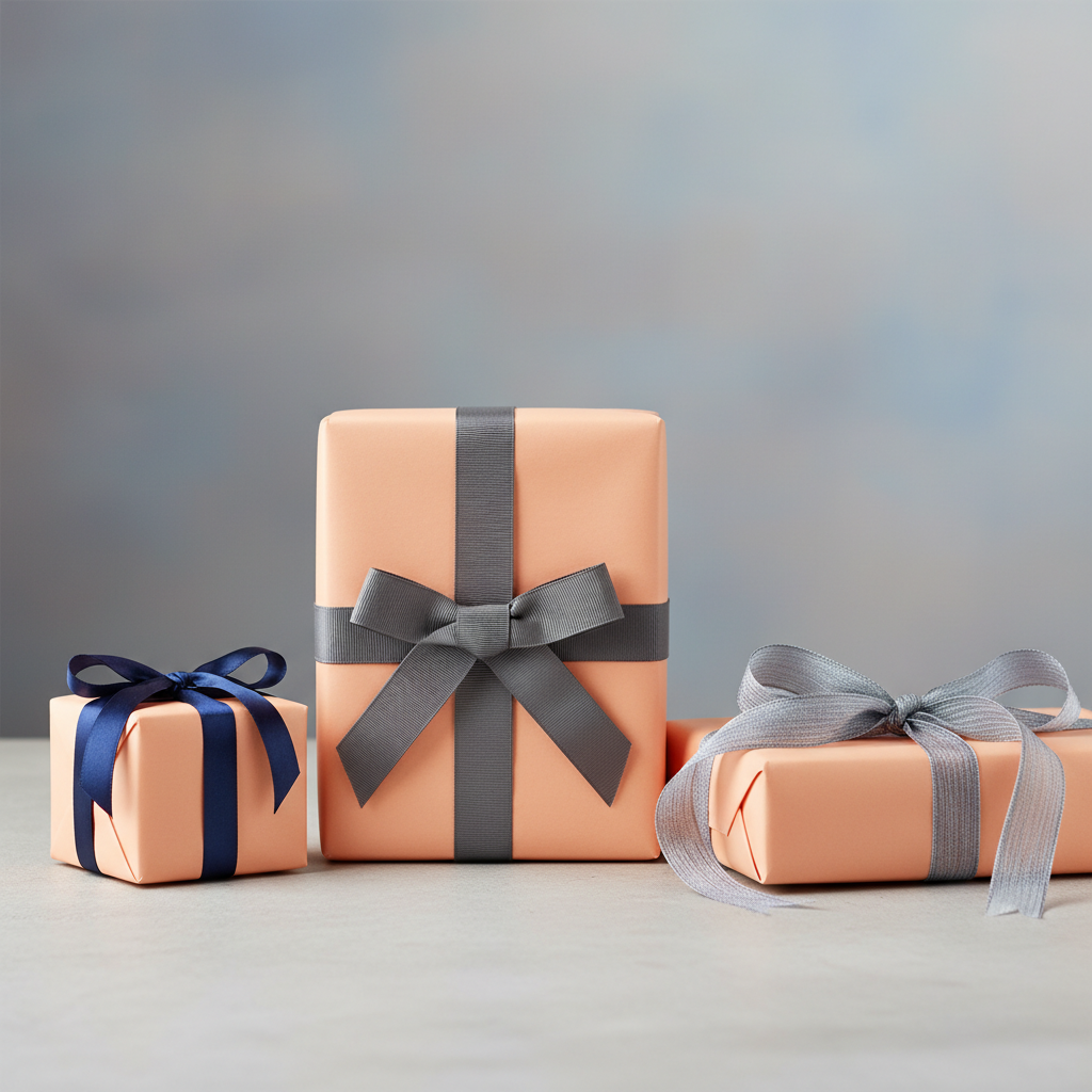 Peach gift boxes wrapped in solid color wrapping paper with grey and navy satin ribbon bows.