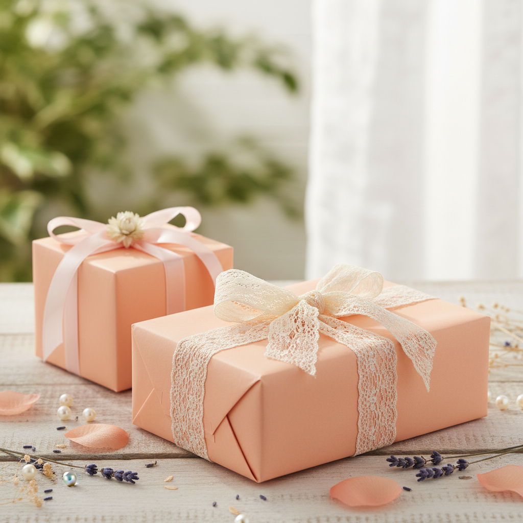 Elegant peach wrapping paper with lace ribbon on gift boxes for birthday or bridal shower present.