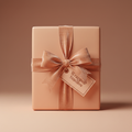 Elegant peach gift box wrapped with velvet ribbon and bow; solid color wrapping paper for birthdays or special occasions.