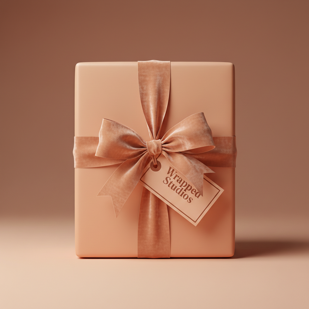 Elegant peach gift box wrapped with velvet ribbon and bow; solid color wrapping paper for birthdays or special occasions.