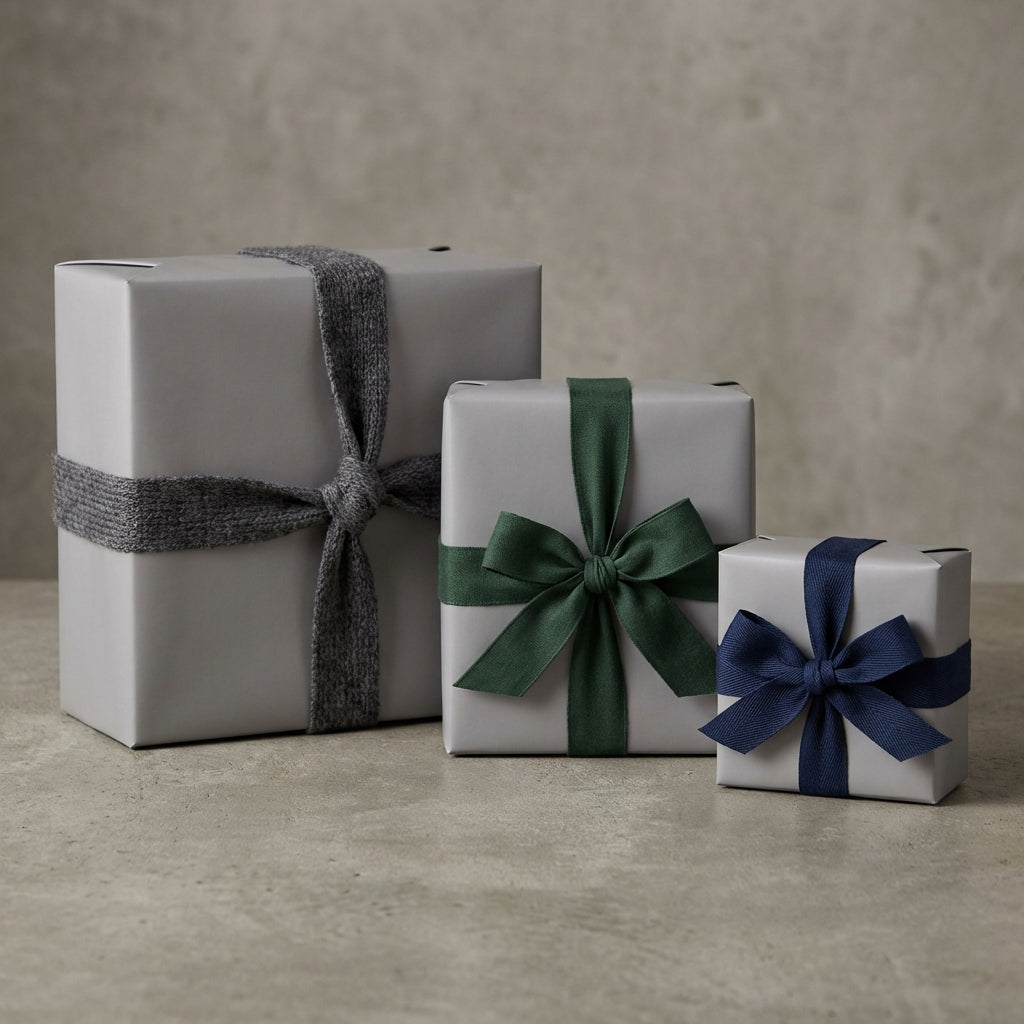 Three gift boxes wrapped in pewter gray paper with decorative ribbons on a neutral background