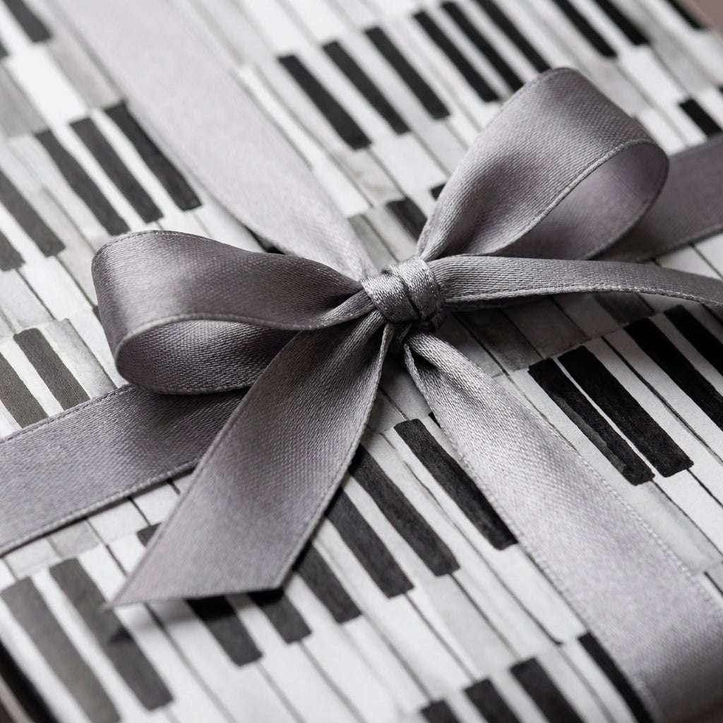 Piano keys wrapping paper with silver satin bow, music theme gift wrap by Wrapped Studios.