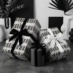 Luxury black and white geometric gift wrap with velvet ribbons by Wrapped Studios.