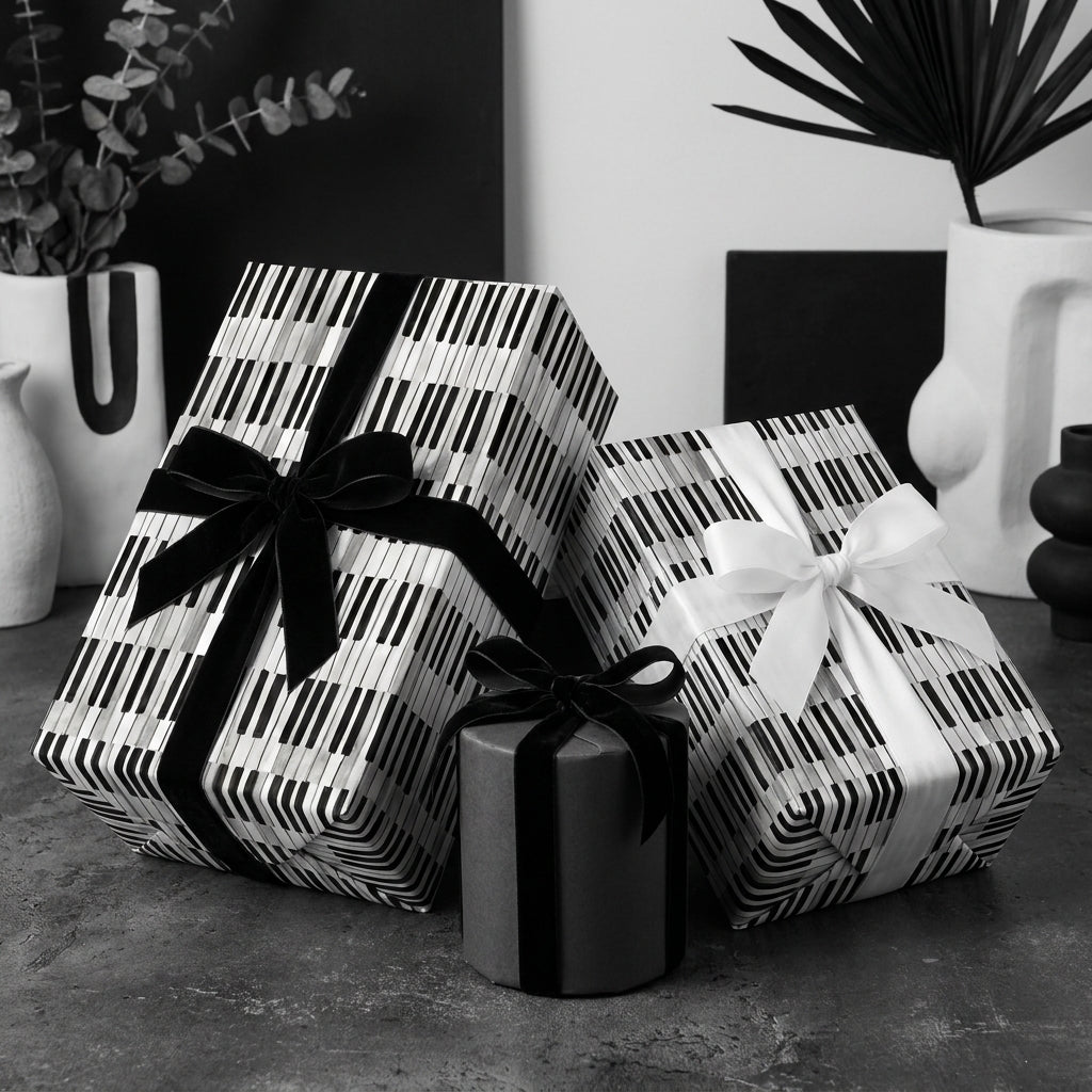 Luxury black and white geometric gift wrap with velvet ribbons by Wrapped Studios.