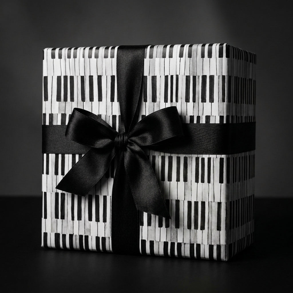 Piano keys wrapping paper on a gift box with a black satin bow, music gift wrap by Wrapped Studios.