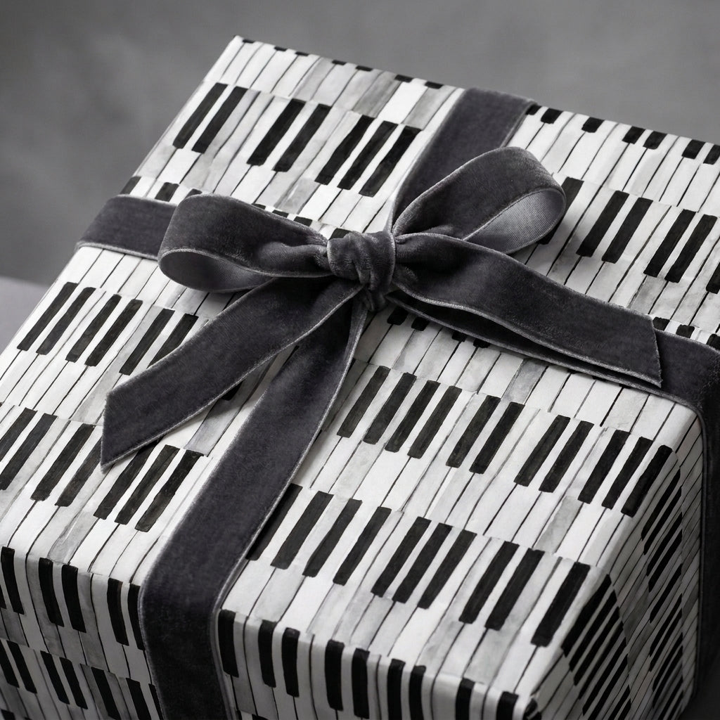 Piano keys wrapping paper with a luxury grey velvet bow on a gift box from Wrapped Studios.