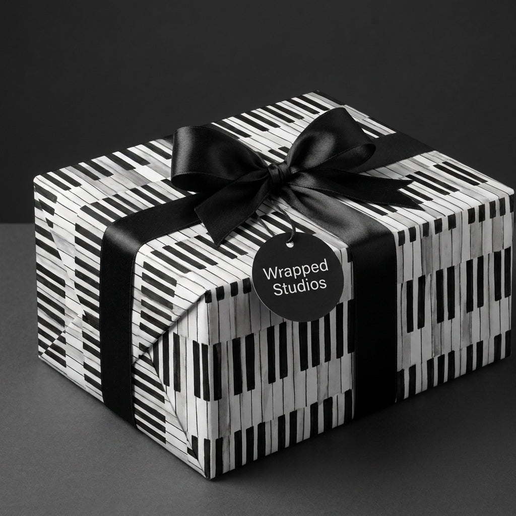 Piano keys music wrapping paper with a black satin ribbon on a gift box by Wrapped Studios.
