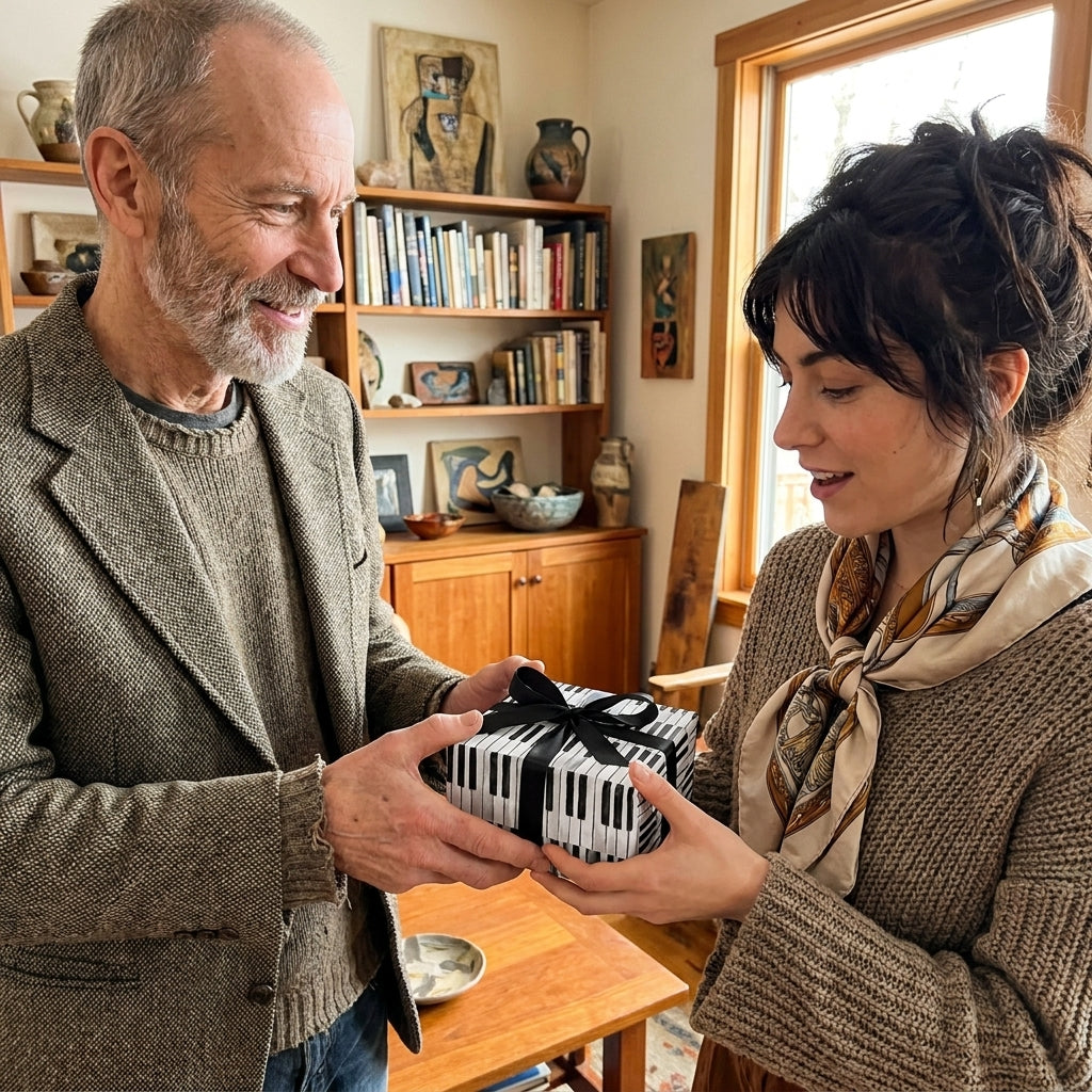 Exchanging a gift in piano keys wrapping paper with a black ribbon, by Wrapped Studios.