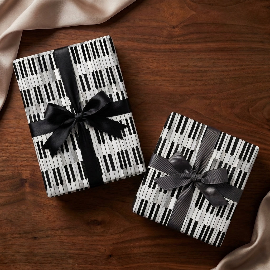 Music themed piano keys wrapping paper on two gift boxes with black bows by Wrapped Studios.