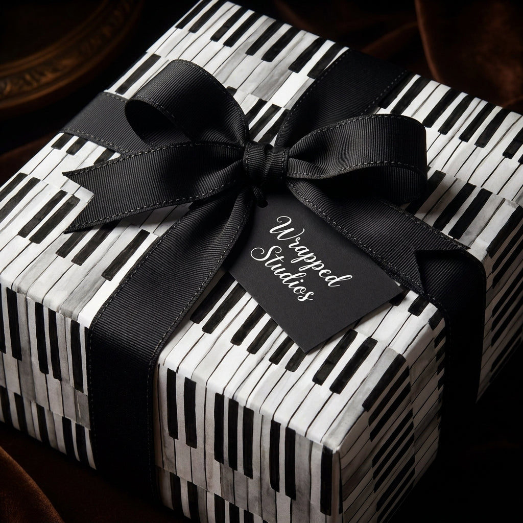 Piano keys music wrapping paper with a black ribbon by Wrapped Studios.