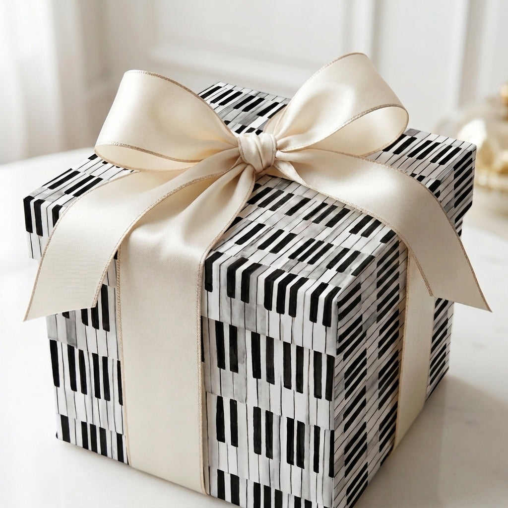 Piano keys music wrapping paper on a gift box with a luxury cream satin bow by Wrapped Studios.