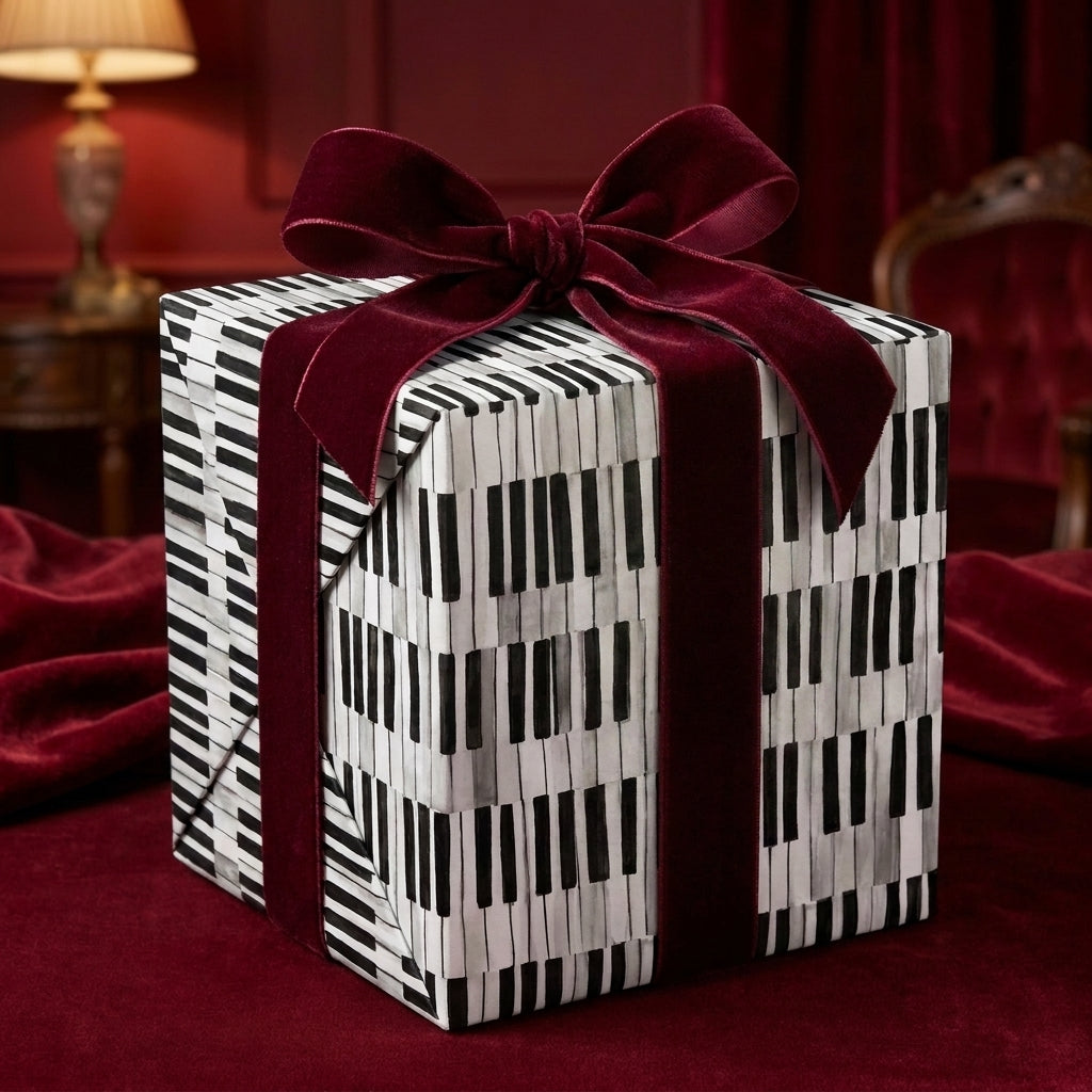 Piano keys music gift wrap with a luxury burgundy velvet bow on a gift box, by Wrapped Studios.