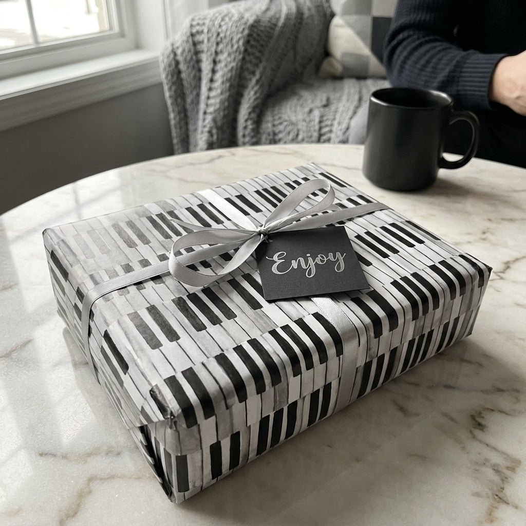 Piano keys music wrapping paper with a silver bow on a gift by Wrapped Studios.
