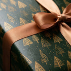 Luxury green and gold Christmas wrapping paper with tree pattern and bronze ribbon by Wrapped Studios.