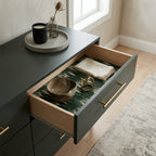 Forest green abstract wrapping paper used as a luxury drawer liner by Wrapped Studios.