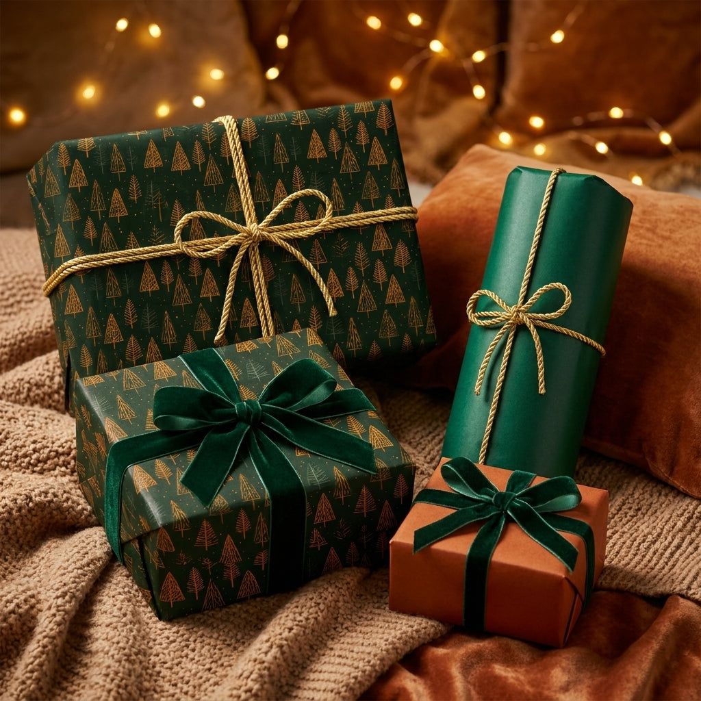 Luxury green Christmas wrapping paper with gold trees and velvet ribbons by Wrapped Studios.
