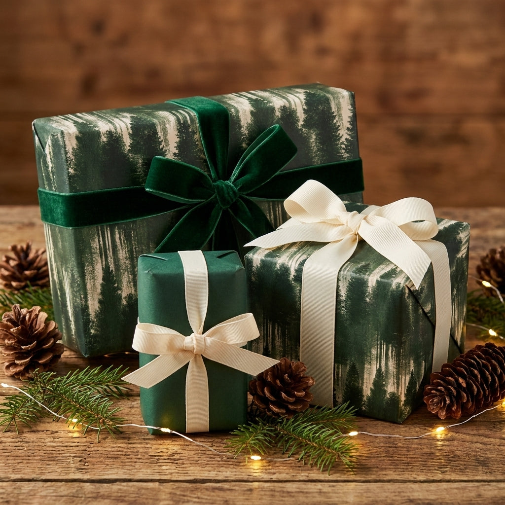 Green forest Christmas wrapping paper on holiday gifts with velvet ribbon by Wrapped Studios.