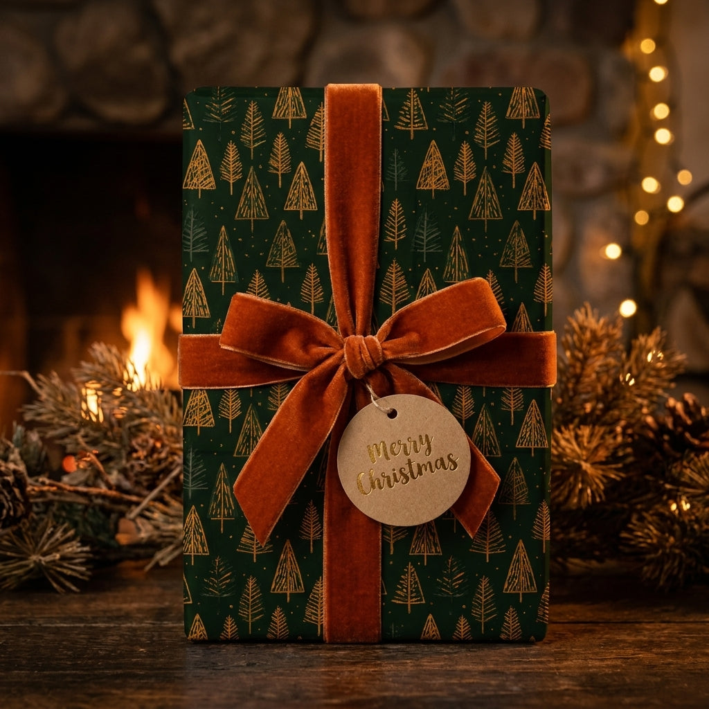 Luxury green Christmas wrapping paper with gold trees and a rust velvet bow by Wrapped Studios.