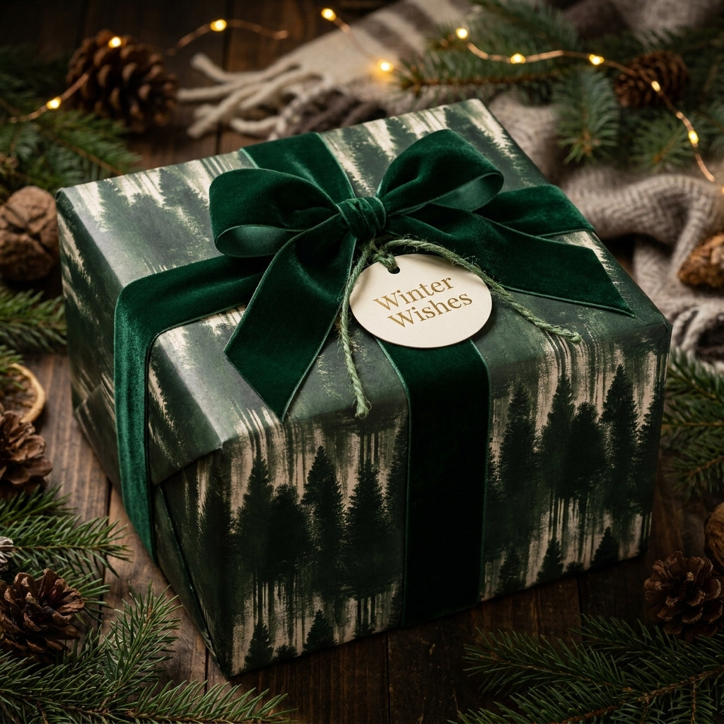 Pine forest Christmas wrapping paper with a luxury green velvet bow by Wrapped Studios.