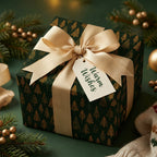 Forest green and gold Christmas gift wrap by Wrapped Studios, with a luxury cream bow and holiday gift tag.