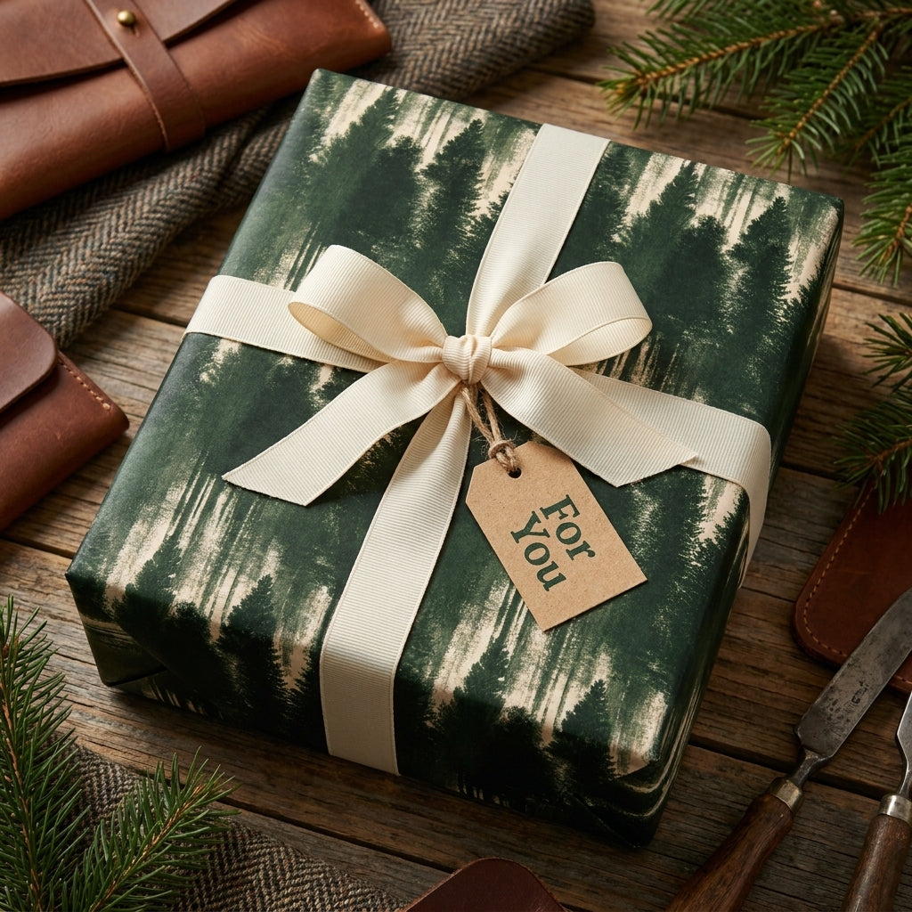 Rustic forest Christmas wrapping paper by Wrapped Studios, with pine trees, cream ribbon, and gift tag.