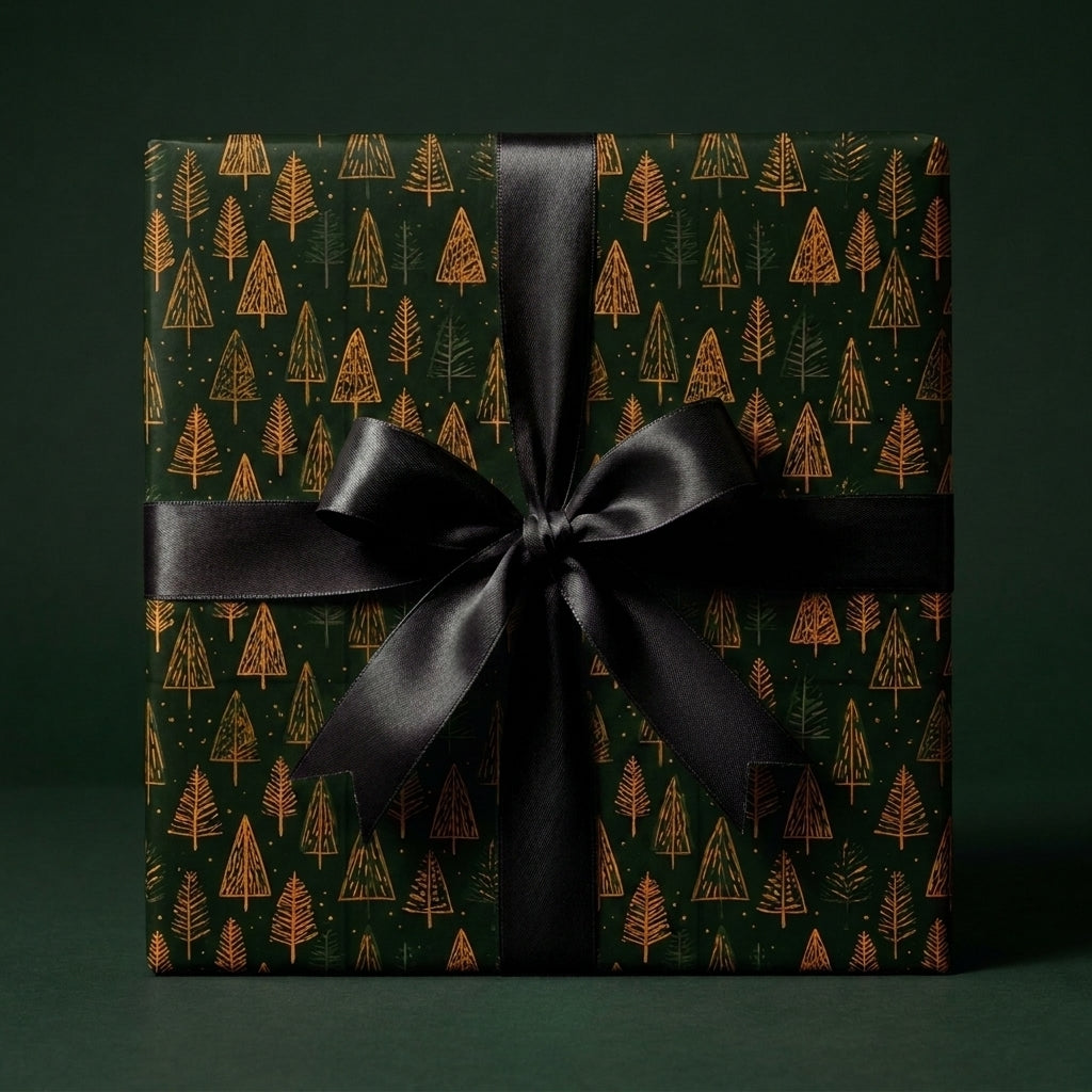 Luxury forest green Christmas wrapping paper with gold trees and a black satin bow by Wrapped Studios.