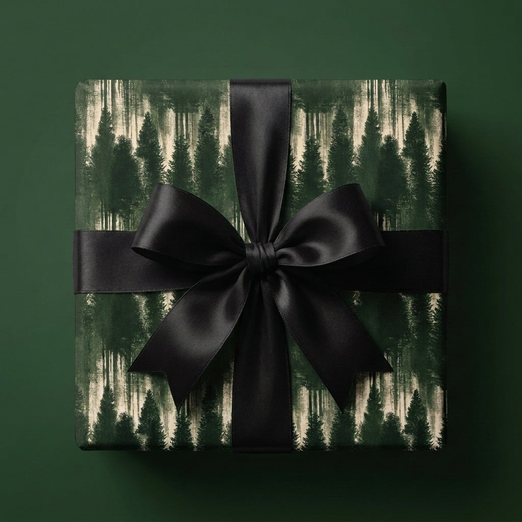 Forest wrapping paper with a black satin bow, rustic Christmas gift wrap by Wrapped Studios.