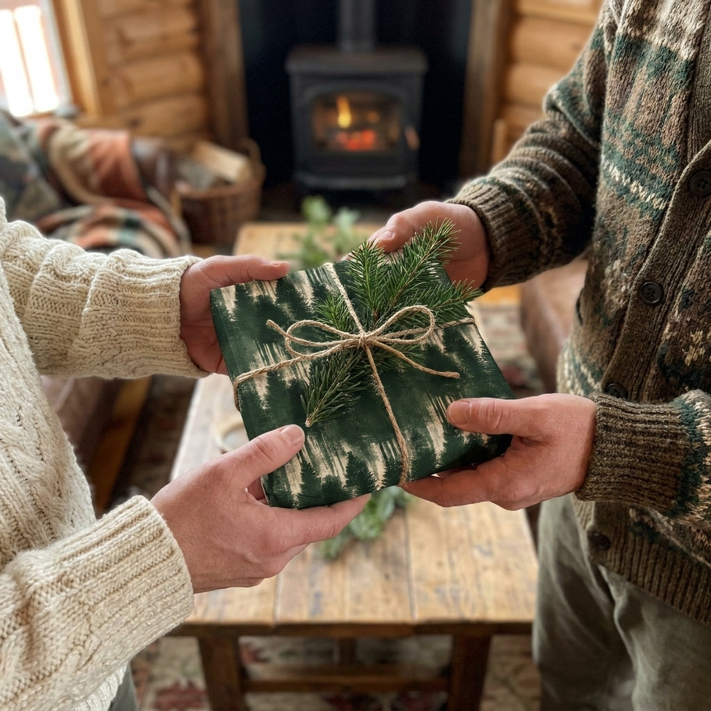 Hands exchanging a gift wrapped in green forest Christmas wrapping paper by Wrapped Studios in a cozy cabin.