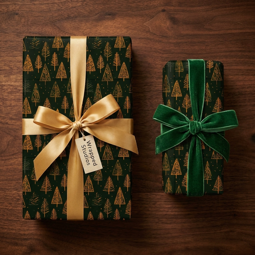 Luxury forest green Christmas tree wrapping paper with elegant bows by Wrapped Studios.
