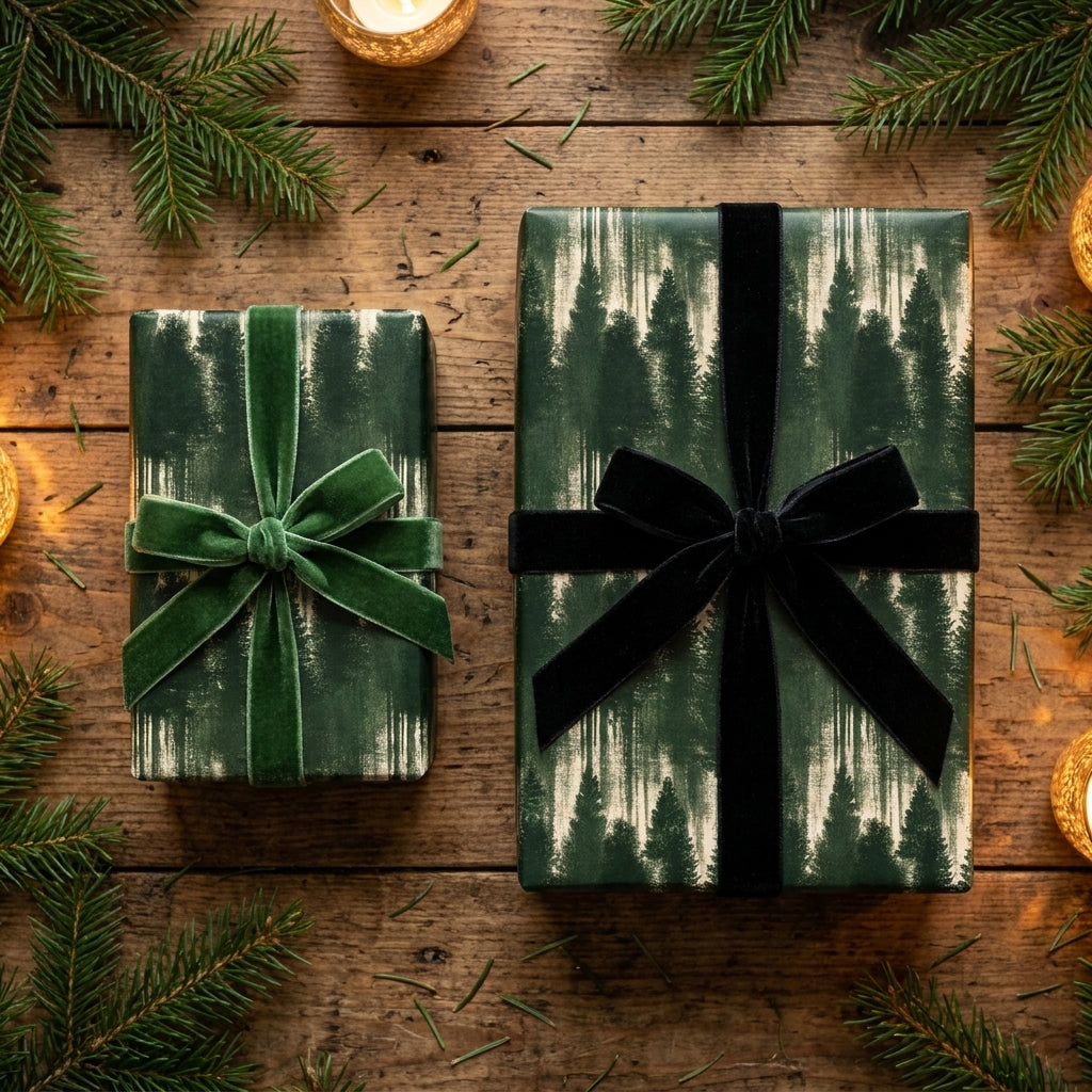Pine forest Christmas wrapping paper with luxury velvet bows on rustic wood by Wrapped Studios.