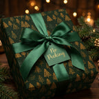 Luxury green and gold Christmas wrapping paper with tree print and satin ribbon by Wrapped Studios.