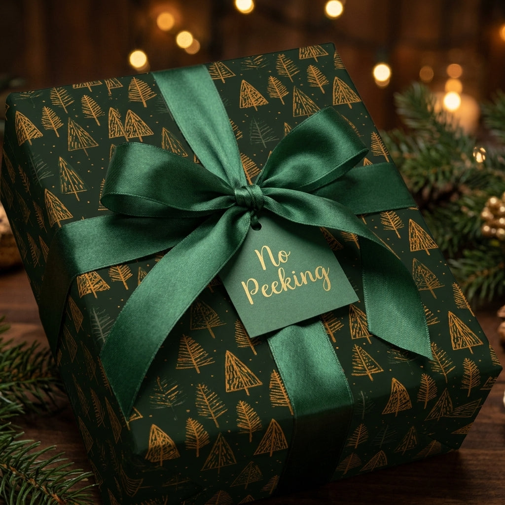 Luxury green and gold Christmas wrapping paper with tree print and satin ribbon by Wrapped Studios.