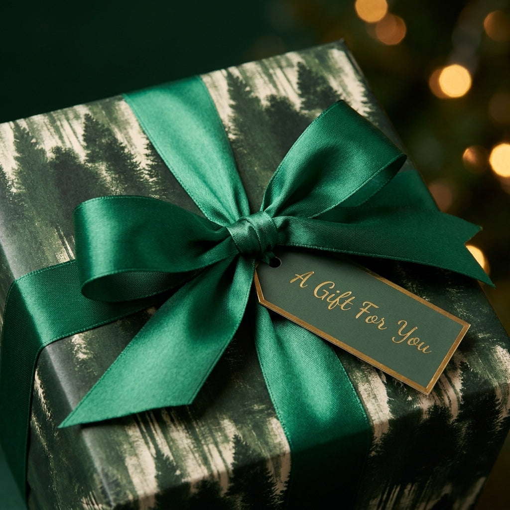 Pine forest Christmas gift wrap with emerald green satin ribbon and tag by Wrapped Studios.