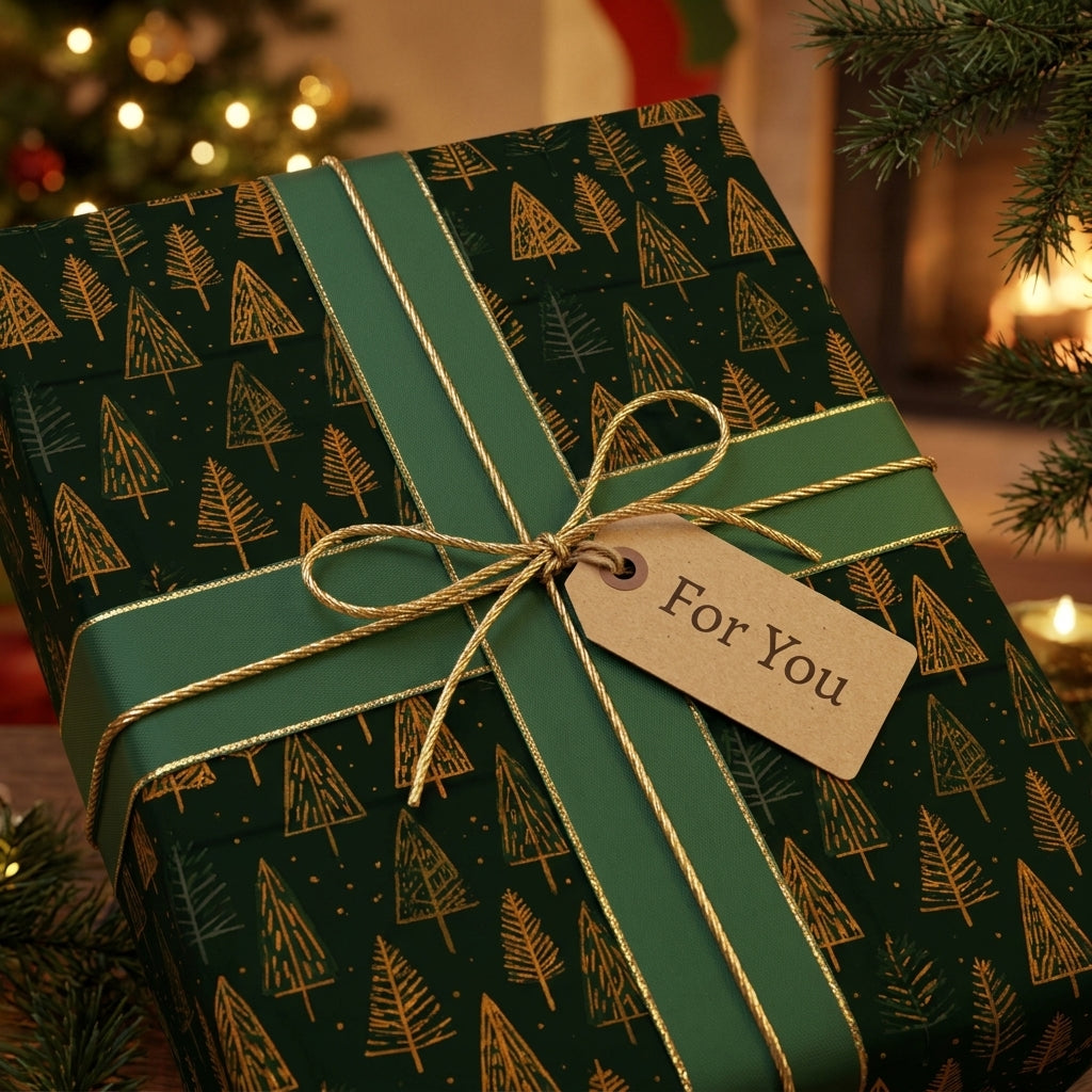 Luxury forest green Christmas wrapping paper with gold trees and ribbon by Wrapped Studios.