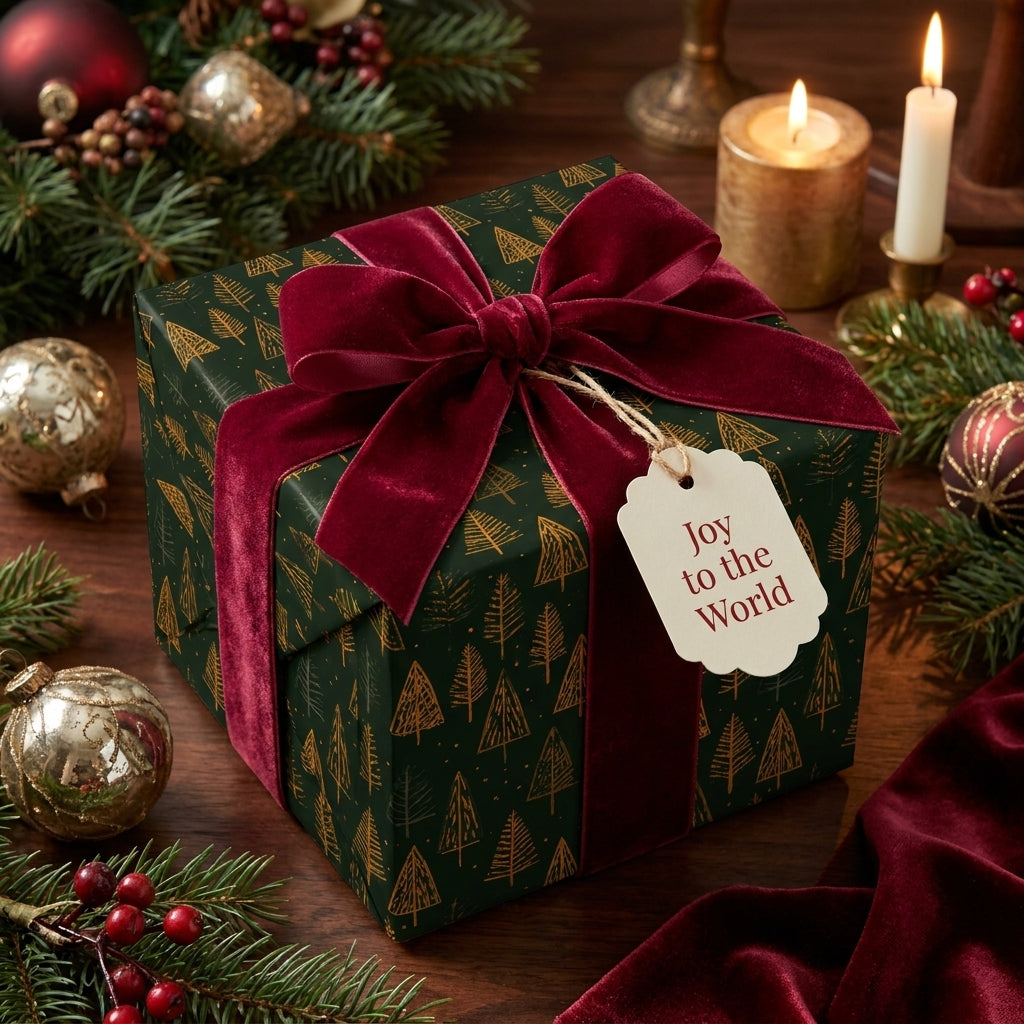 Luxury Christmas wrapping paper with gold tree pattern and red velvet ribbon by Wrapped Studios.