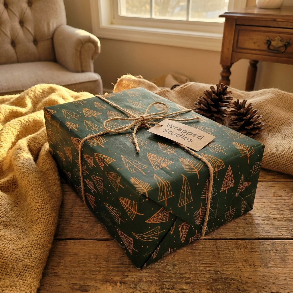 Rustic green Christmas wrapping paper with gold pine trees and twine bow by Wrapped Studios.