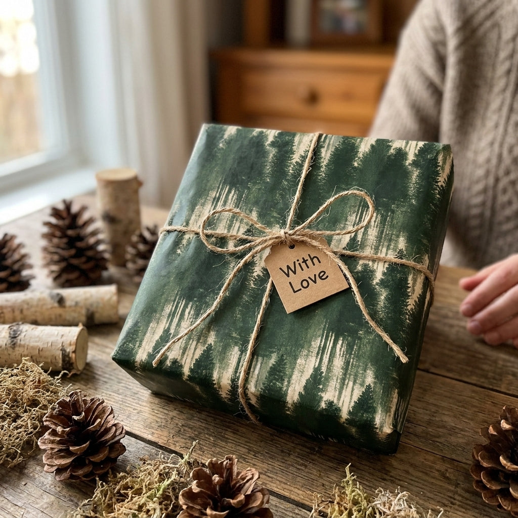 Rustic forest green pine tree Christmas wrapping paper with twine bow by Wrapped Studios.