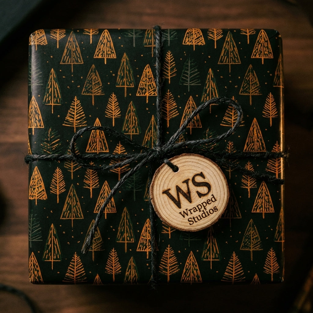 Rustic forest Christmas gift wrap with gold pine trees and twine bow by Wrapped Studios.