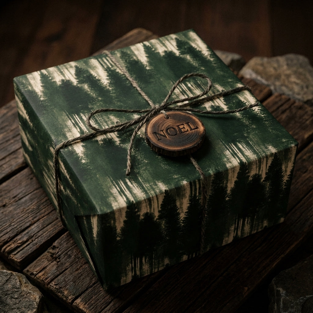 Rustic pine forest Christmas gift wrap with twine and a wooden Noel tag by Wrapped Studios.