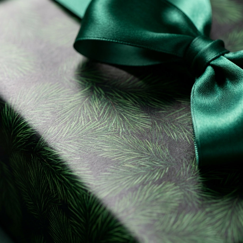 Luxury pine Christmas wrapping paper with an emerald green satin bow by Wrapped Studios.