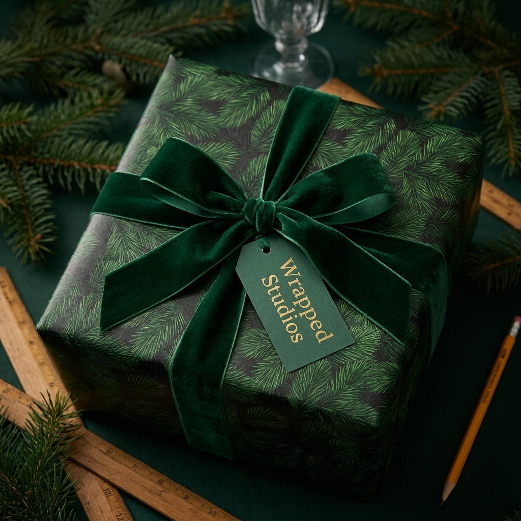 Luxury Christmas wrapping paper with green pine needle pattern, velvet bow, and tag by Wrapped Studios.
