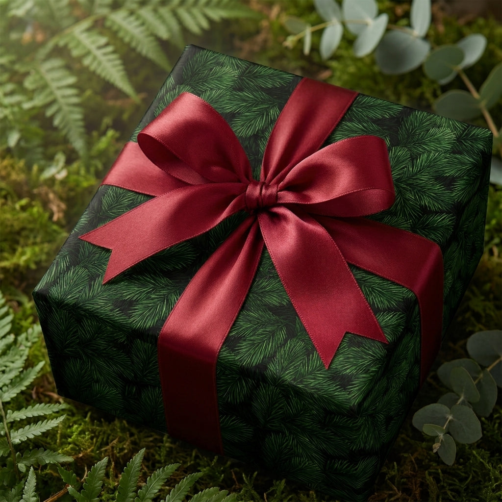 Pine branch Christmas wrapping paper with a luxury red satin bow on forest moss, by Wrapped Studios.