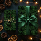 Pine needle Christmas wrapping paper by Wrapped Studios on gifts with a green satin ribbon and twine.