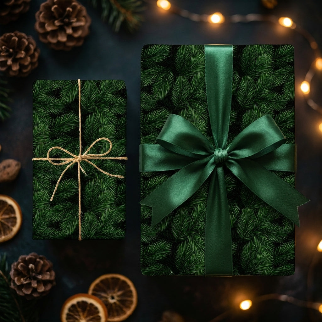 Pine needle Christmas wrapping paper by Wrapped Studios on gifts with a green satin ribbon and twine.