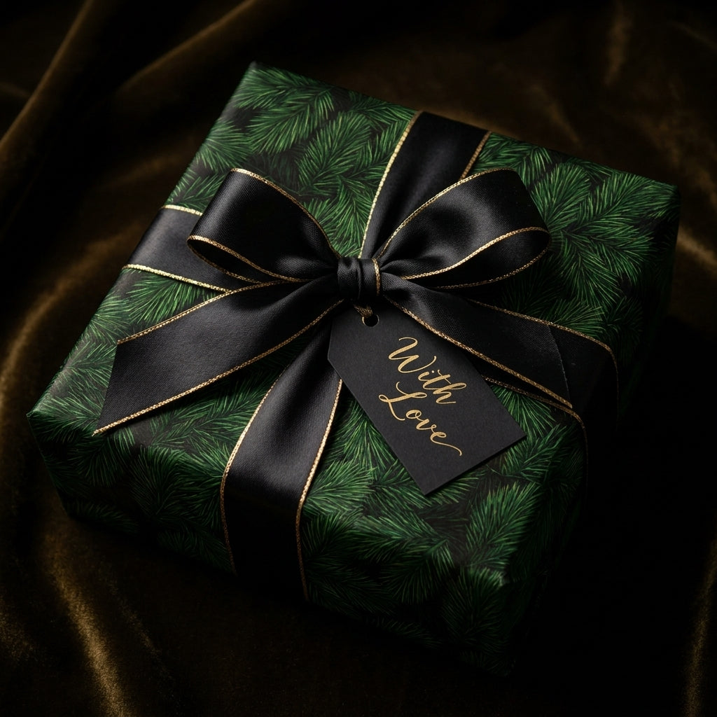 Elegant luxury Christmas gift wrap with green pine pattern and black satin bow by Wrapped Studios.