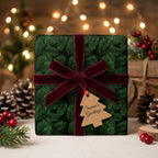 Luxury green pine Christmas wrapping paper with a burgundy velvet bow and holiday tag by Wrapped Studios.