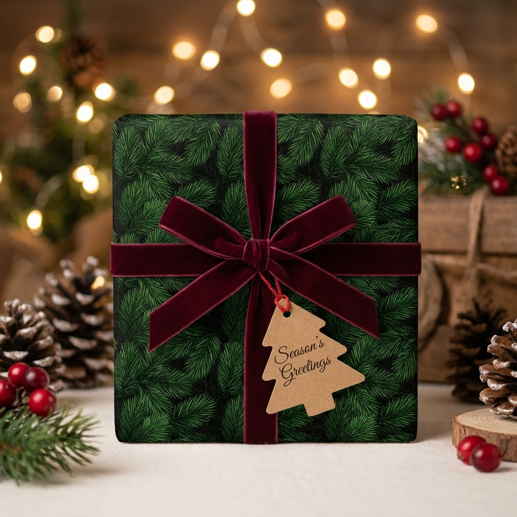 Luxury green pine Christmas wrapping paper with a burgundy velvet bow and holiday tag by Wrapped Studios.