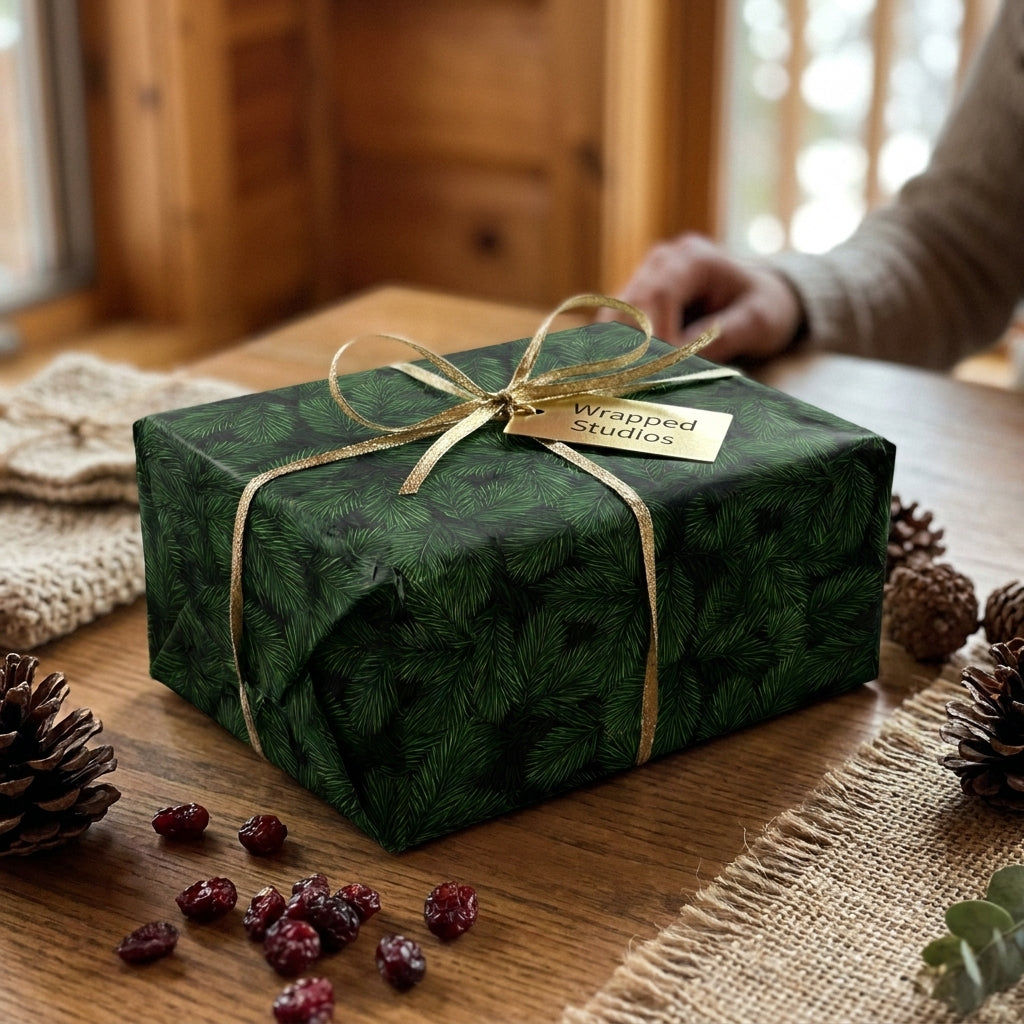 Green pine Christmas wrapping paper with gold ribbon on a rustic holiday gift box by Wrapped Studios.